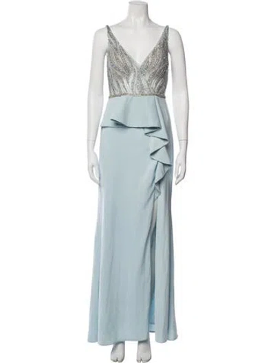 Pre-owned Mac Duggal V-neck Long Dress In Blue