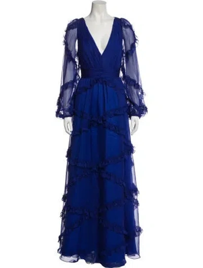 Pre-owned Mac Duggal V-neck Long Dress In Blue