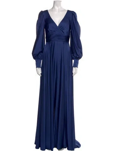Pre-owned Mac Duggal V-neck Long Dress In Blue