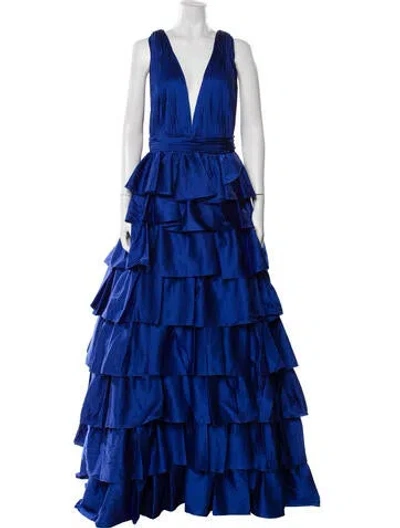 Pre-owned Mac Duggal V-neck Long Dress In Blue