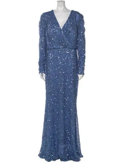 Pre-owned Mac Duggal V-neck Long Dress In Blue