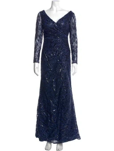 Pre-owned Mac Duggal V-neck Long Dress In Blue