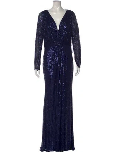 Pre-owned Mac Duggal V-neck Long Dress In Blue