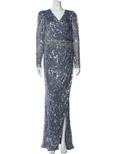Pre-owned Mac Duggal V-neck Long Dress In Blue