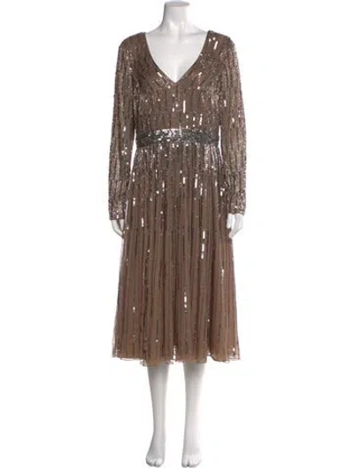 Pre-owned Mac Duggal V-neck Long Dress In Brown