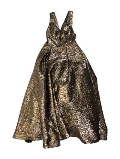 Pre-owned Mac Duggal V-neck Long Dress In Brown