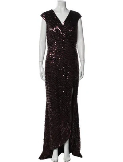 Pre-owned Mac Duggal V-neck Long Dress In Brown