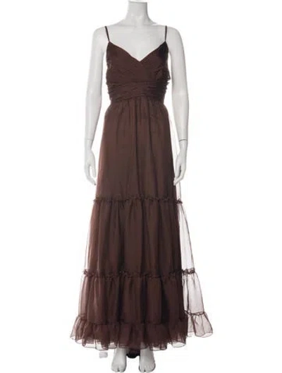 Pre-owned Mac Duggal V-neck Long Dress In Brown