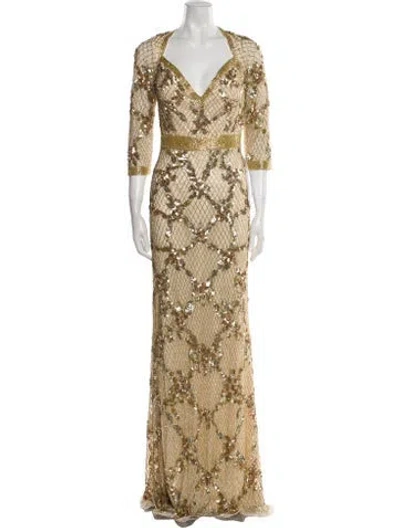 Pre-owned Mac Duggal V-neck Long Dress In Gold