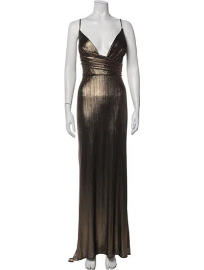 Pre-owned Mac Duggal V-neck Long Dress In Gold/metallic