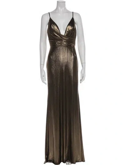 Pre-owned Mac Duggal V-neck Long Dress In Gold/metallic