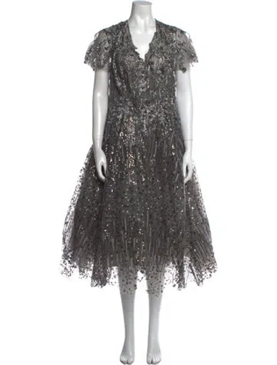 Pre-owned Mac Duggal V-neck Long Dress In Gray