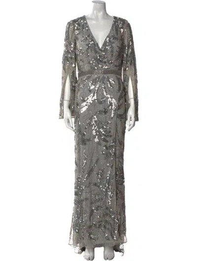 Pre-owned Mac Duggal V-neck Long Dress In Gray