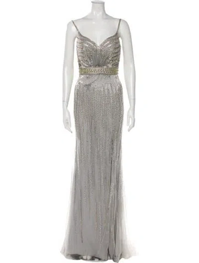Pre-owned Mac Duggal V-neck Long Dress In Gray