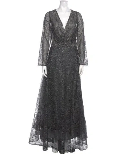 Pre-owned Mac Duggal V-neck Long Dress In Gray