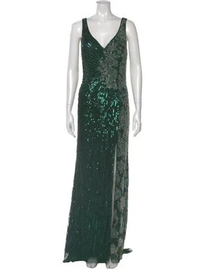 Pre-owned Mac Duggal V-neck Long Dress In Green
