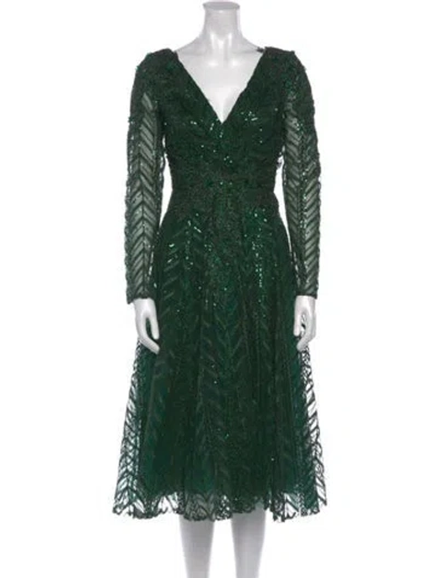 Pre-owned Mac Duggal V-neck Long Dress In Green