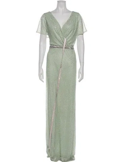 Pre-owned Mac Duggal V-neck Long Dress In Green