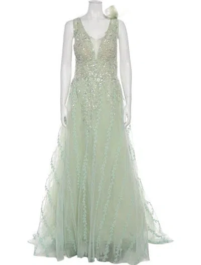 Pre-owned Mac Duggal V-neck Long Dress In Green