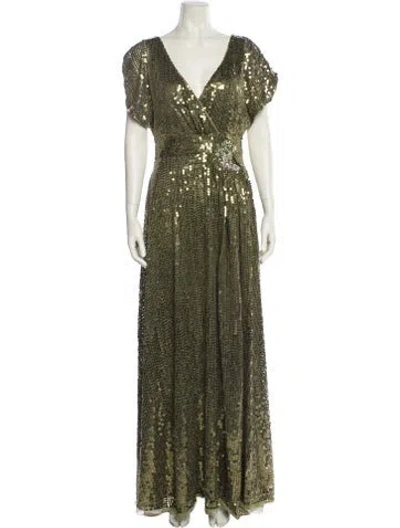 Pre-owned Mac Duggal V-neck Long Dress In Green