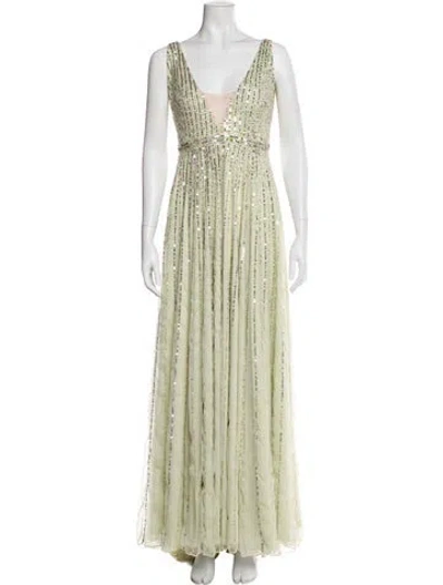 Pre-owned Mac Duggal V-neck Long Dress In Green