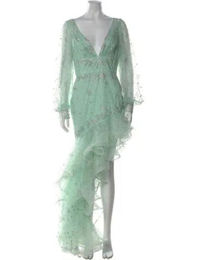 Pre-owned Mac Duggal V-neck Long Dress In Green
