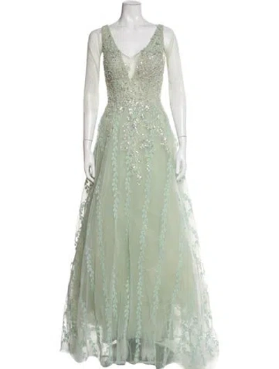 Pre-owned Mac Duggal V-neck Long Dress In Green