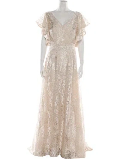 Pre-owned Mac Duggal V-neck Long Dress In Neutral