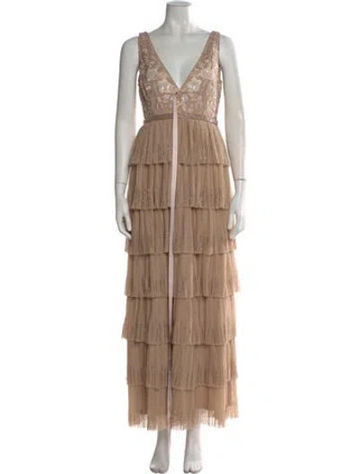Pre-owned Mac Duggal V-neck Long Dress In Neutral