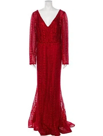 Pre-owned Mac Duggal V-neck Long Dress In Red