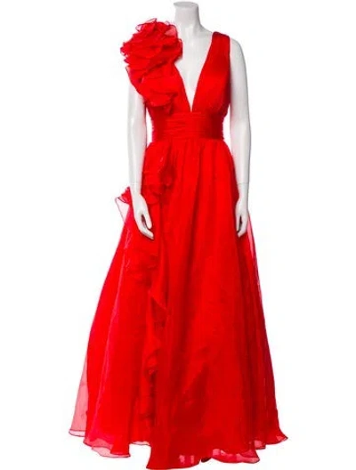 Pre-owned Mac Duggal V-neck Long Dress In Red