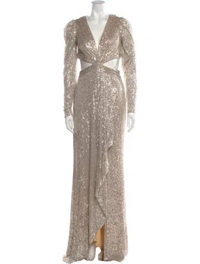 Pre-owned Mac Duggal V-neck Long Dress In Silver