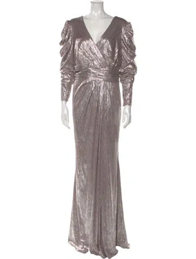 Pre-owned Mac Duggal V-neck Long Dress In Silver