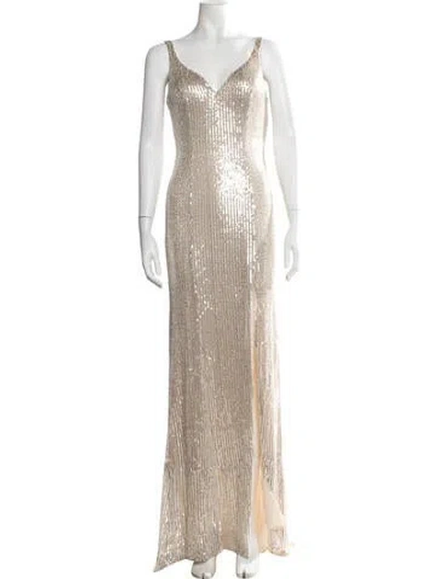 Pre-owned Mac Duggal V-neck Long Dress W/ Tags In Metallic/neutrals