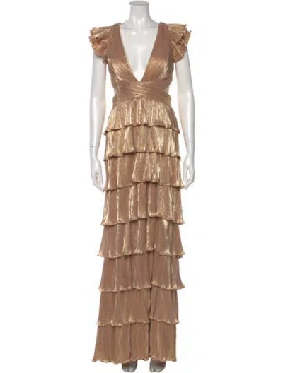 Pre-owned Mac Duggal V-neck Long Dress W/ Tags In Metallic/neutrals