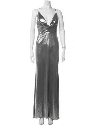 Pre-owned Mac Duggal V-neck Long Dress W/ Tags In Metallic/silver