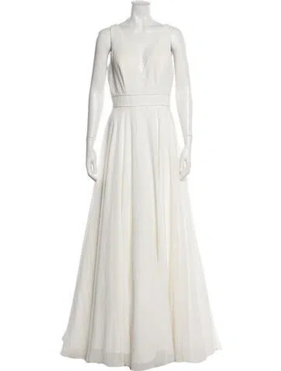 Pre-owned Mac Duggal V-neck Long Dress In White