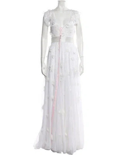 Pre-owned Mac Duggal V-neck Long Dress In White