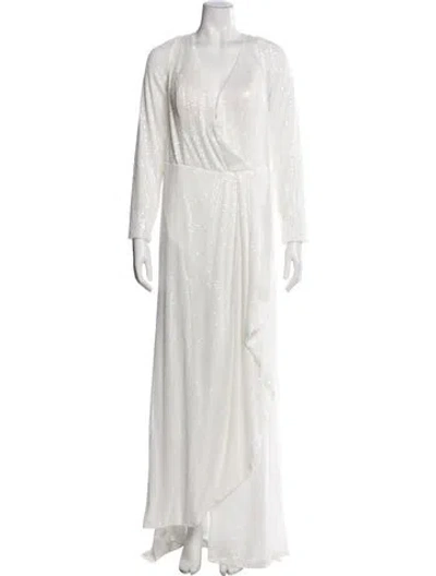 Pre-owned Mac Duggal V-neck Long Dress In White
