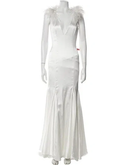 Pre-owned Mac Duggal V-neck Long Dress In White