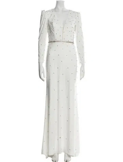 Pre-owned Mac Duggal V-neck Long Dress In White