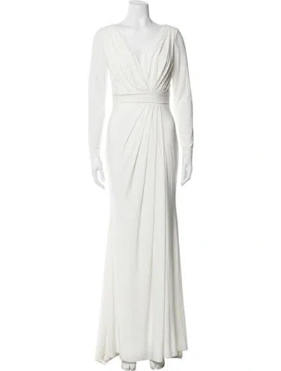 Pre-owned Mac Duggal V-neck Long Dress In White