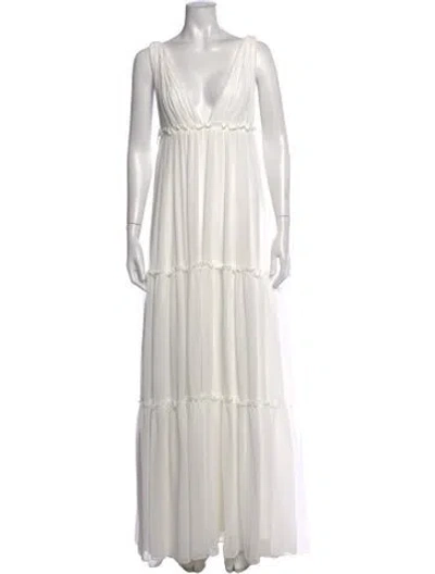 Pre-owned Mac Duggal V-neck Long Dress In White