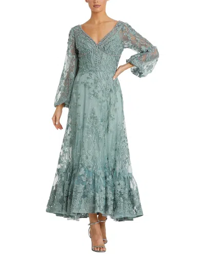 Mac Duggal V-neck Mech Puff Sleeve A-line Embellished Dress In Blue