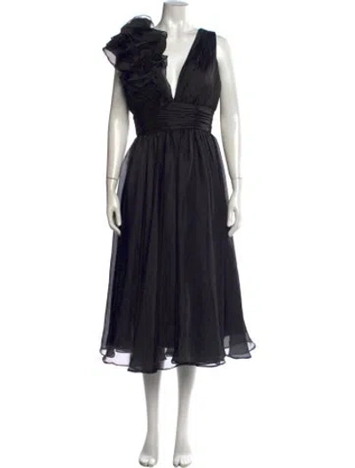 Pre-owned Mac Duggal V-neck Midi Length Dress In Black