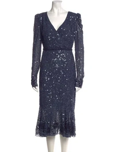 Pre-owned Mac Duggal V-neck Midi Length Dress In Blue