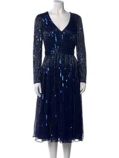 Pre-owned Mac Duggal V-neck Midi Length Dress In Blue