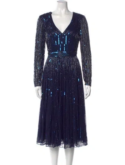 Pre-owned Mac Duggal V-neck Midi Length Dress In Blue