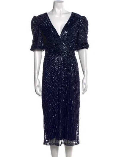 Pre-owned Mac Duggal V-neck Midi Length Dress In Blue