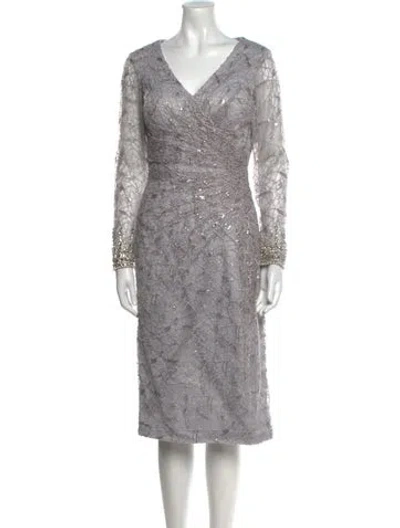 Pre-owned Mac Duggal V-neck Midi Length Dress In Gray